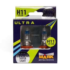 Автолампа H11 12V 55W (PGJ19-2) Super Light+100% (2 шт) 82110SL+100new "Маяк УЛЬТРА" Автолампа H11 12V 55W (PGJ19-2) Super Light+100% (2 шт) 82110SL+100new "Маяк УЛЬТРА"