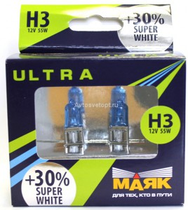 Автолампа H3 12V  55W (Pk22s) Super White+30% (2 шт.)  82320SW+30new "Маяк УЛЬТРА"